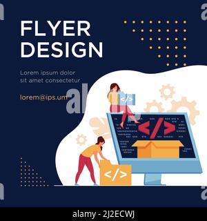 Winzige Entwickler Programmierung Website für Internet-Plattform flache Vektor-Illustration. Cartoon-Programmierer in der Nähe des Bildschirms mit offenem Code oder Skript. Software Stock Vektor
