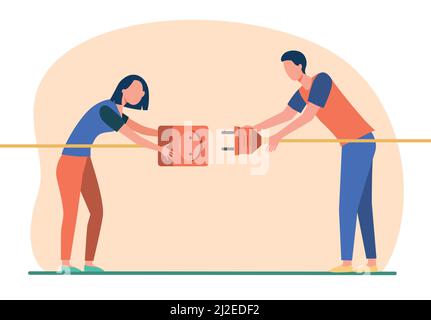 Zwei Personen, die Stecker und Buchse anschließen. Mann und Frau ziehen Kabel mit Steckdose und Stecker flache Vektor-Illustration. Drahtanschluss, Elektrizitätskonzept Stock Vektor