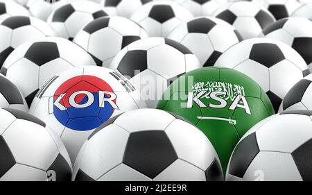 Saudi-Arabien gegen Südkorea Fußballspiel - Fußballbälle in Saudi-Arabien und Südkorea Nationalfarben. 3D Rendering Stockfoto