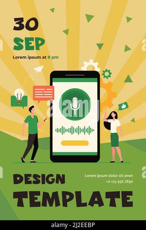 Menschen mit Mobiltelefonen mit Smart Voice Assistant-Software. Mann und Frau am Bildschirm mit Mikrofon und Schallwellen. Für Tonaufnahmen, App int Stock Vektor