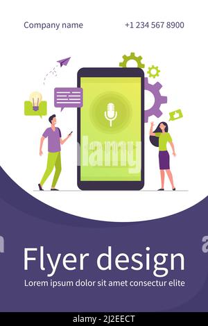 Menschen mit Mobiltelefonen mit Smart Voice Assistant-Software. Mann und Frau am Bildschirm mit Mikrofon und Schallwellen. Für Tonaufnahmen, App int Stock Vektor