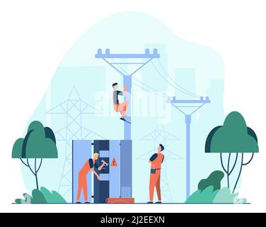 Techniker reparieren Generator Transformator flache Vektor-Illustration. Cartoon elektrische Arbeiter machen Stromverteilerlinie. Strom Energie Serv Stock Vektor