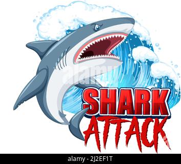 Shark Attack Schrift-Logo mit Cartoon aggressive Shark Illustration Stock Vektor