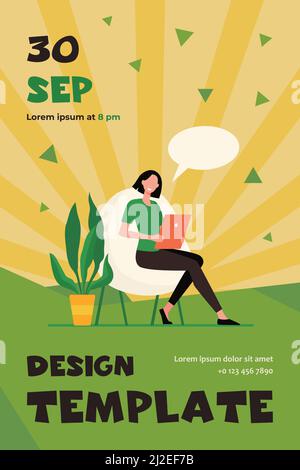 Frau mit Tablet für Online-Chat zu Hause. Sprechblase, digitales Gerät, Gadget flache Vektor-Illustration. Kommunikation, Videoanruf-Konzept für Bann Stock Vektor