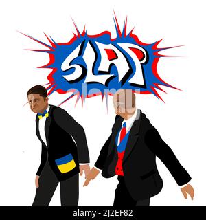 Der russische Präsident Putin klatscht dem ukrainischen Präsidenten Zelensky mit einer isolierten Illustration im Blasenzeichentrickstil zu. Putin gegen Zelenskii. Präs Stock Vektor