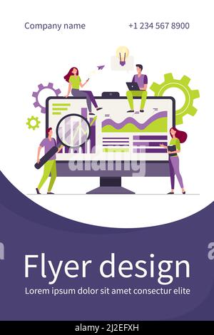 Winzige Analysten, die mit Daten auf dem Dashboard arbeiten, isolierte flache Vektordarstellung. Cartoon Büroangestellte studieren Forschungsstrategie. Datenanalyse und m Stock Vektor
