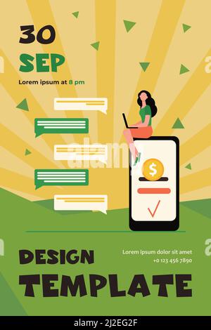 Frau mit Smartphone chatten und Geld senden. Online-Zahlung, Überweisung, Transaktion flache Vektor-Illustration. Finanzen, Banking, Zahlungskonzept für Stock Vektor