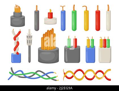 Cartoon elektrische Kabel flache Vektor-Illustrationen-Set. Sammlung von verschiedenen elektrischen Industriedrähten isoliert auf weißem Hintergrund. Strom, Stock Vektor