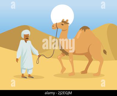 Arabischer Mann mit einem Buckel-Kamel in der Wüste. Wilde Dromedartiere und Beduinen Comic-Figuren in der Natur. Flache Vektorgrafik. Ägypten Landschaft Konz Stock Vektor