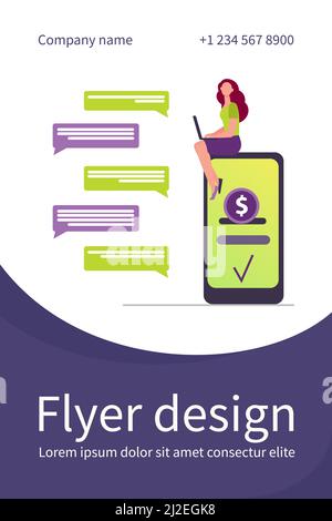 Frau mit Smartphone chatten und Geld senden. Online-Zahlung, Überweisung, Transaktion flache Vektor-Illustration. Finanzen, Banking, Zahlungskonzept für Stock Vektor