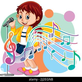 Sängerin Mädchen Cartoon mit Musik Melodie Symbole Illustration Stock Vektor