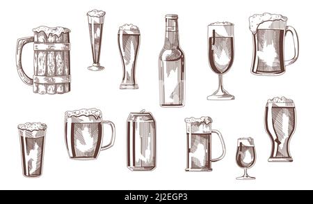 Bier trinken in Gläsern, Pints, Tassen, kann Skizze gesetzt. Vektor-Illustration für Vintage-Getränke. Handgezeichnete Elemente Kollektion. Brauereikonzept Stock Vektor