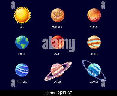 Bunte Planeten von Sonnensystem flache Bilder für Web-Design gesetzt. Cartoon Jupiter, Mars, Venus, Erde, Neptun, Quecksilber- und sonnenisolierter Vektorillus Stock Vektor