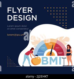 Winzige Frauen in der Nähe übergewichtigen Chart Skalen isoliert flache Vektor-Illustration. Cartoon weibliche Charaktere auf Diät mit Gewichtskontrolle mit BMI. Body-Mass-Index Stock Vektor