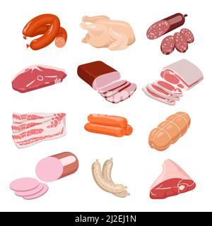 Frisches Fleisch Lebensmittel Cartoon-Set. Rohes Schweinefleisch, Rindersteak, Huhn, Lamm, frischer Speck, Design mit Schinken und Würstchen. Flache Vektorgrafik. Metzgerei Produkte c Stock Vektor