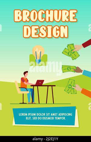 Fröhlicher Kerl, der Geld für seine Idee verdient. Spezialist, Laptop, freiberufliche flache Vektor-Illustration. Geschäfts- und Finanzunabhängigkeitskonzept für banne Stock Vektor