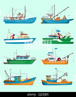 Fischerboote eingestellt. Traditionelle Fischer-Trawler, Schiffe mit Kränen und Fracht isoliert auf hellblau. Vektorgrafik für die Lebensmittelindustrie, Marine jo Stock Vektor