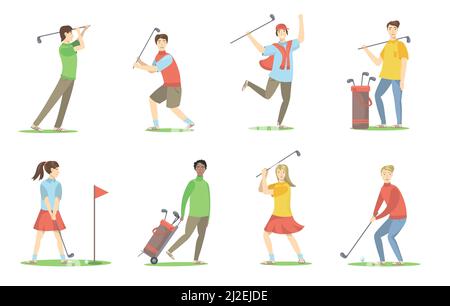 Golfspieler eingestellt. Zeichentrickfilme mit Brassies, die auf dem Rasen Golf spielen, Spaß haben, Aktivitäten genießen. Vektor-Illustration für Golfschläger, Hobby, Sport, ein Stock Vektor