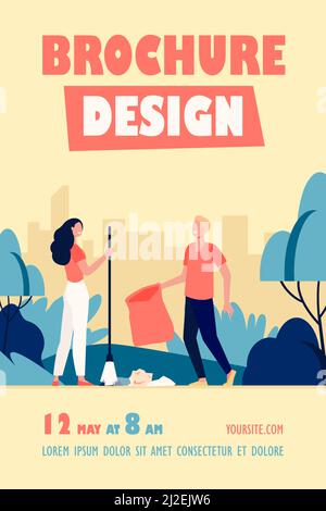 Glückliches Paar, das draußen Müll aufsammeln. Junge Menschen Reinigung Park von Müll flach Vektor-Illustration. Freiwilligenarbeit, Naturpflegekonzept für banne Stock Vektor