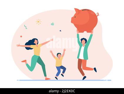 Glückliche Familie springen mit riesigen Sparschwein. Vektor-Illustration für Bargeld, Eltern, Vermögen. Finanz- und Sparkonzept für Banner, Website-Design oder lan Stock Vektor