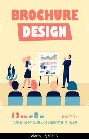 Glückliche Firmencoaches und Mitarbeiter treffen sich im Konferenzraum. Referent präsentiert Diagramm auf Flipchart, Durchführung mit Vortrag. Vektorgrafik Stock Vektor