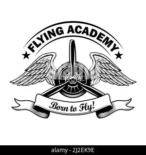 Flying Academy Label Design. Monochromes Element mit Retro-Flugzeugpropeller, Vektorgrafik Adlerflügel mit Text. Pilot Ausbildung Schule concep Stock Vektor