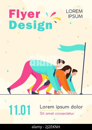 Metapher für den Karrierewettbewerb. Büroprofis Rennen. Mitarbeiter sind startbereit und stehen mit Flagge an der Startlinie. Vektorgrafik für Business OPP Stock Vektor