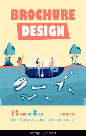 Gruppe von Archäologen, die Fossilien entdecken, Boden mit Dinosaurierknochen graben. Vektorgrafik für Archäologie, Paläontologie, Wissenschaft, Expedition Stock Vektor