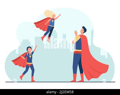 Glücklicher Superhelden Vater mit Kindern in super Kostümen. Held, Stadtbild, Vater flache Vektor-Illustration. Elternschaft und Familienkonzept für Banner, Website d Stock Vektor