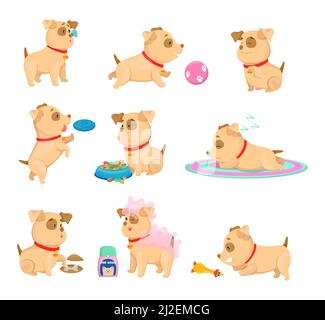 Happy Puppy tägliche Routine Cartoon Illustrationen Set. Sammlung von Aktivitäten für kleine Hunde während des Tages, Schlafen, Spielen, Essen isoliert auf weißem Hintergrund Stock Vektor