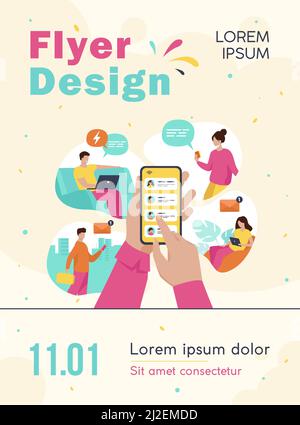 Handy-Nutzer teilen Nachrichten online, senden Nachrichten an Freunde, halten Handy mit Kontaktliste auf dem Bildschirm. Vektorgrafik für „Refer a fri“ Stock Vektor