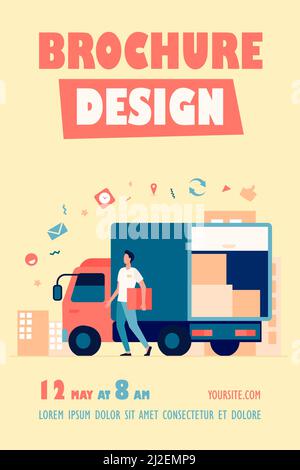 Kurier mit LKW, der Auftrag liefert. Mann, der Kasten vom Transport LKW mit anderen Paketen trägt. Vektor-Illustration für Lieferservice, Transport, lo Stock Vektor