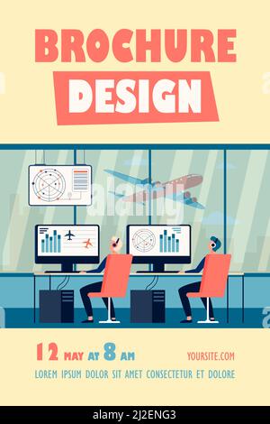 Bediener, die Flugzeuge steuern flache Vektor-Illustration. Cartoon-Figuren sitzen im Kommandoraum des Flughafens. Flugkontrollzentrum und internationale t Stock Vektor