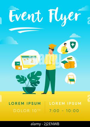 Männliche Student Wahl Programm in der Hochschule. Junger Mann in Graduierung Kappe Denken über zukünftige Beschäftigung. Vektor-Illustration für Chancen, Karriere A Stock Vektor