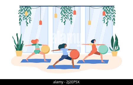 Schwangeren machen Übungen mit Big Ball. Gym, Yoga, Mutterschaft flache Vektor-Illustration. Gesundheits- und Sportaktivitätskonzept für Banner, Website Stock Vektor