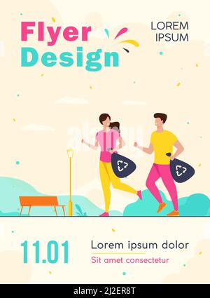 Glückliches Paar läuft und trägt Müllsäcke mit Recycling-Zeichen. Junge Leute sammeln Müll beim Joggen. Für das Plogging, umweltfreundliche Gesellschaft, g Stock Vektor