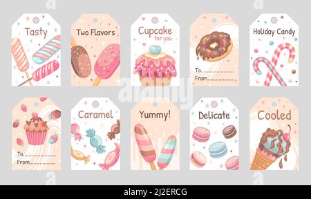 Set mit Süßigkeiten-Tags. Lollypops, Donuts, Eis, Makronen Vektor-Illustrationen mit Text. Lebensmittel- und Dessertkonzept für Süßwarenetiketten und Begrütin Stock Vektor