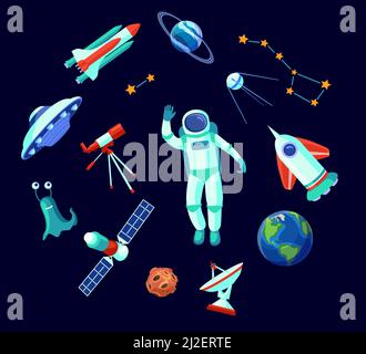 Trendige Raum Elemente flache Bildersammlung. Cartoon Astronaut, UFO, Alien, Satellit, Planeten und Sterne auf weißem Hintergrund Vektor-Illust isoliert Stock Vektor