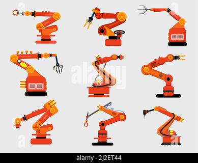 Roboterarm-Set. Verschiedene mechanische Krallen, Fertigung Roboter isoliert auf weiß. Vektorgrafik für Industrie, Industrieanlagen, Robotik, Stock Vektor