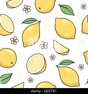 Handgezeichnetes, nahtloses Muster mit Zitrone. Vektorgrafik im Doodle-Stil Stock Vektor