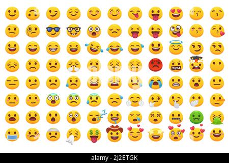 Verschiedene Emoji Gesichter flache Symbole großen Satz für Web-Design. Cartoon gelbe Emotion Kreise Ikonen lächeln, lachen und weinen isoliert Vektor-Illustrationen Stock Vektor