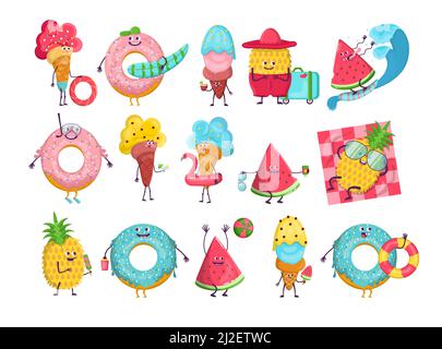 Sommer Zeichentrickfiguren eingestellt. Lustige Eiscreme, Gummiringe, Wassermelonenscheibe, Ananas. Vektor-Illustration für Schwimmbad-Party, Strand activiti Stock Vektor