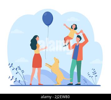 Glückliche Eltern mit Tochter Spaß zusammen. Vektor-Illustration für Hund, Vater, Mutter. Familien- und Elternschaftskonzept für Banner, Website desig Stock Vektor