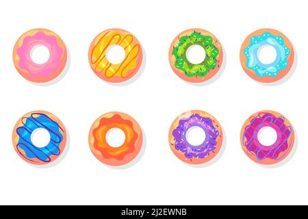 Draufsicht auf bunte Donuts flache Artikel-Set. Cartoon glasierte Donuts mit rosa, blau, grün Icing isoliert Vektor-Illustration Kollektion. Desserts und Stock Vektor