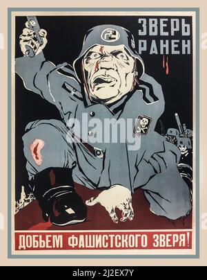 Vintage WW2 RUSSISCHE SOWJETUNION Anti-Nazi-Poster von sowjetischen russischen Truppen. 1943. Das Tier ist verwundet. Lasst uns das faschistische Tier beenden!“. Eastern Front Waffen SS Datum 1943 Zweiten Weltkrieg Zweiten Weltkrieg Stockfoto