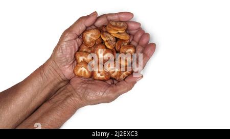 Herzförmige Kekse in Green Square Bowl, Biscuits Heap auf der Hand, isoliert mit weißem Hintergrund Stockfoto