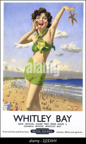 WHITLEY BAY Vintage British UK British Railways Werbeplakat für Whitley Bay. 1949 Künstler MICHAEL Seaside Beach Küstenresort Tyne and Wear North East England Stockfoto