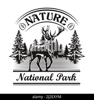 Natur und Park Symbol Design. Monochromes Element mit Rentieren im Wald, Landschaftsvektorillustration mit Text. Nationalpark-Konzept für Briefmarken A Stock Vektor