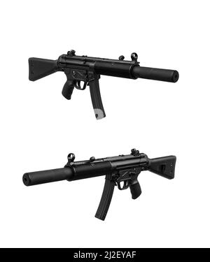 Maschinenpistole MP5. Kleine gezogene automatische Waffe Kaliber 9mm. Bewaffnung der Polizei und der Spezialeinheiten. Isolieren auf weißem Hintergrund. Stockfoto