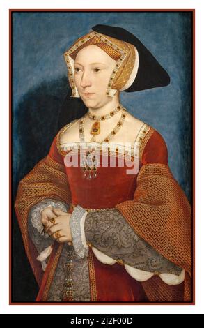 Jane Seymour Holbein Portrait Öl auf Holz (1508/9–1537) von Hans Holbein dem Jüngeren. Sie war Heinrich VIII. Von Englands dritter Frau. Henry heiratete sie 1536, kurz nach der Hinrichtung von Anne Boleyn, und sie starb im folgenden Jahr, zwölf Tage nach der Geburt von Heinrichs Sohn und Erbe, dem zukünftigen Edward VI. Nach seinen Wünschen wurde Henry mit Jane im Schloss Windsor begraben, dem Ort, an dem Holbeins Skizze für dieses Gemälde entstand. Mittel : auf Eichenholzplatte Datum: Um 1536 –1537 Stockfoto